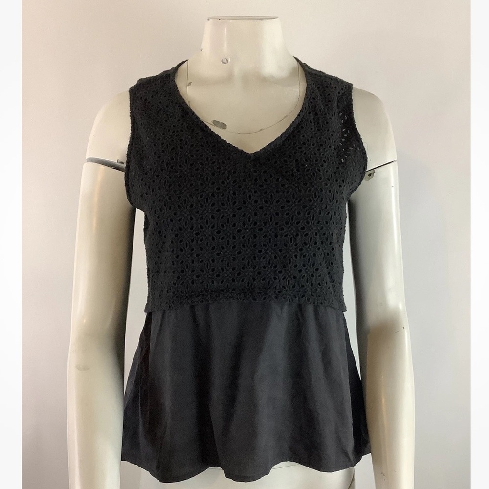 Anthropologie Sz PL Eyelet Tunic Top Black 100% Cotton Sleeveless V Neck